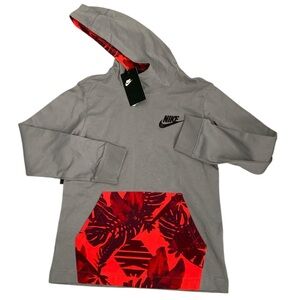 100% cotton NIKE Athletic Pullover Hoodie Gray / Red Floral | Youth Medium